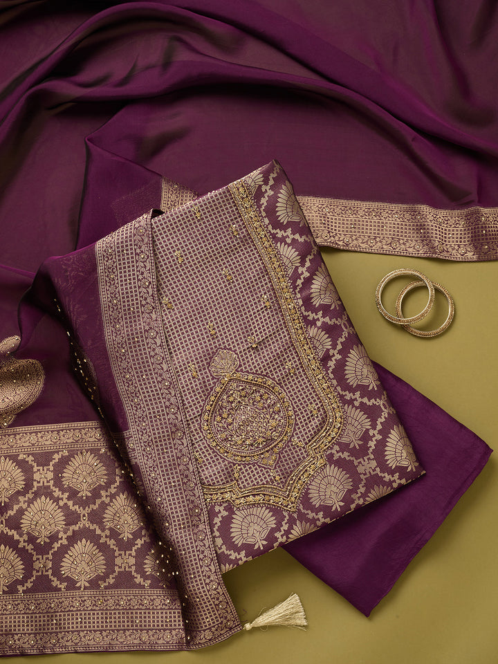 Purple Dola Silk Sequins Unstitched Dress Material With Matching Bottom And Dupatta
