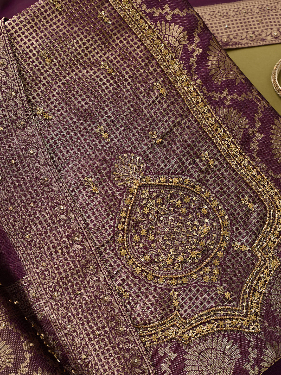 Purple Dola Silk Sequins Unstitched Dress Material With Matching Bottom And Dupatta