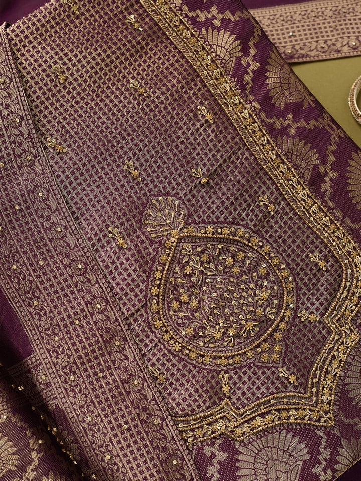 Purple Dola Silk Sequins Unstitched Dress Material With Matching Bottom And Dupatta