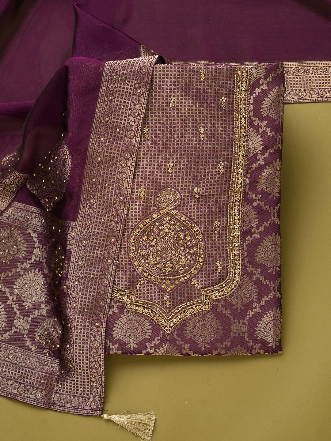 Purple Dola Silk Sequins Unstitched Dress Material With Matching Bottom And Dupatta