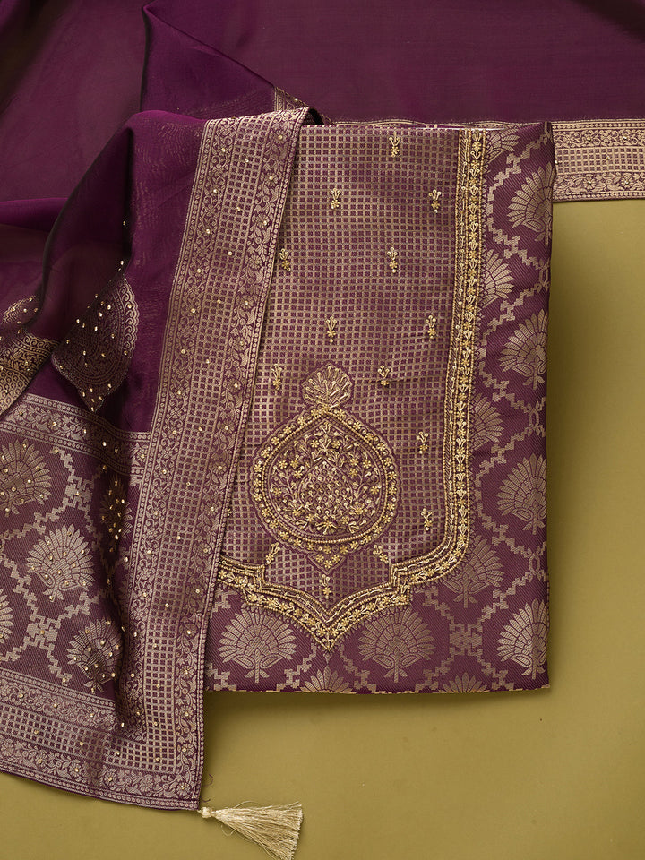 Purple Dola Silk Sequins Unstitched Dress Material With Matching Bottom And Dupatta