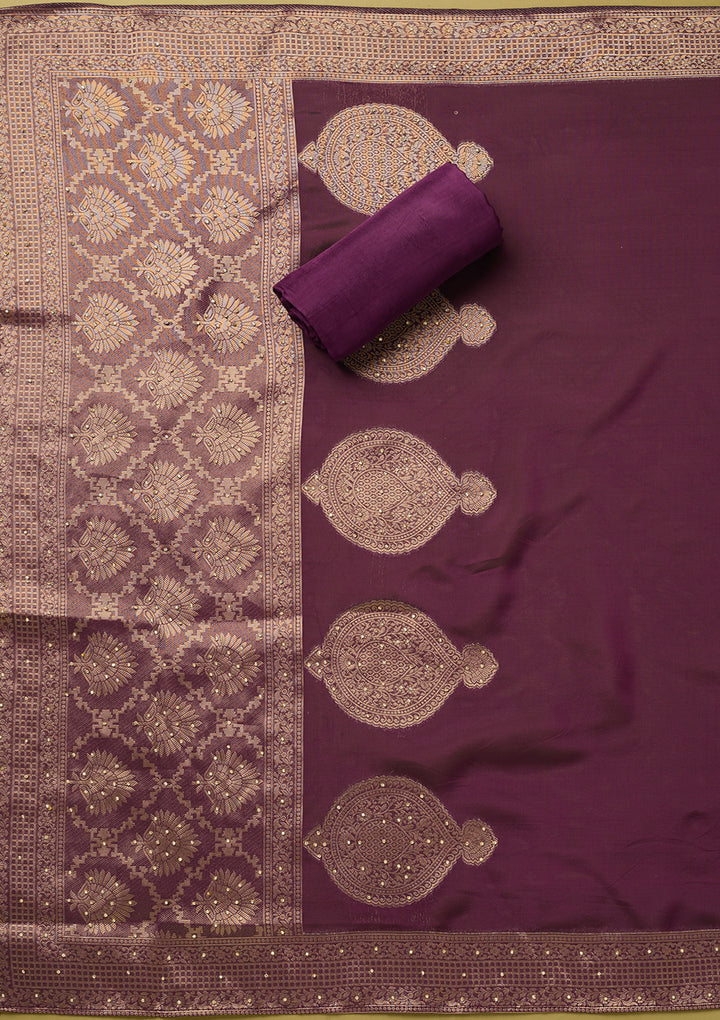 Purple Dola Silk Sequins Unstitched Dress Material With Matching Bottom And Dupatta