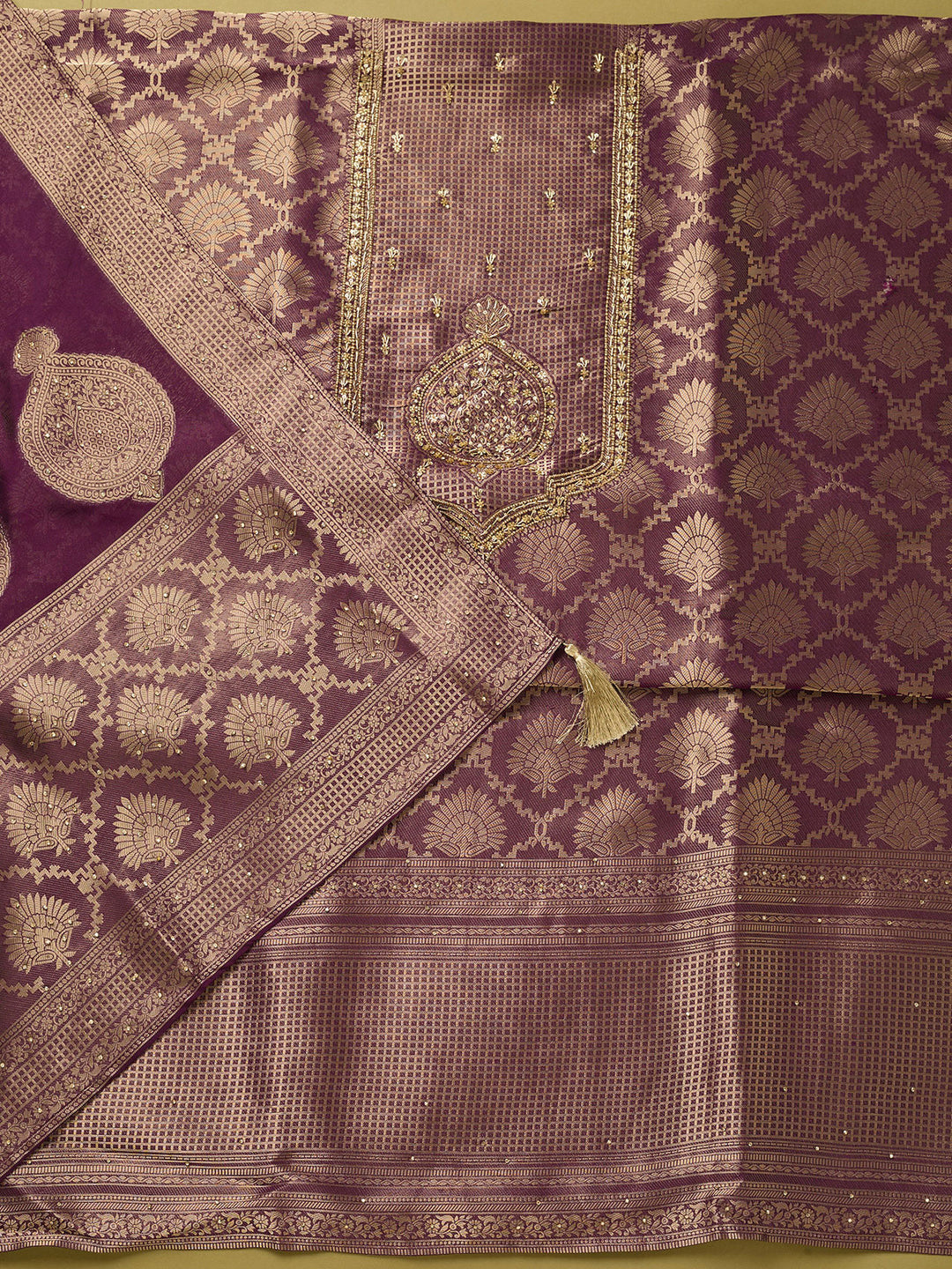 Purple Dola Silk Sequins Unstitched Dress Material With Matching Bottom And Dupatta