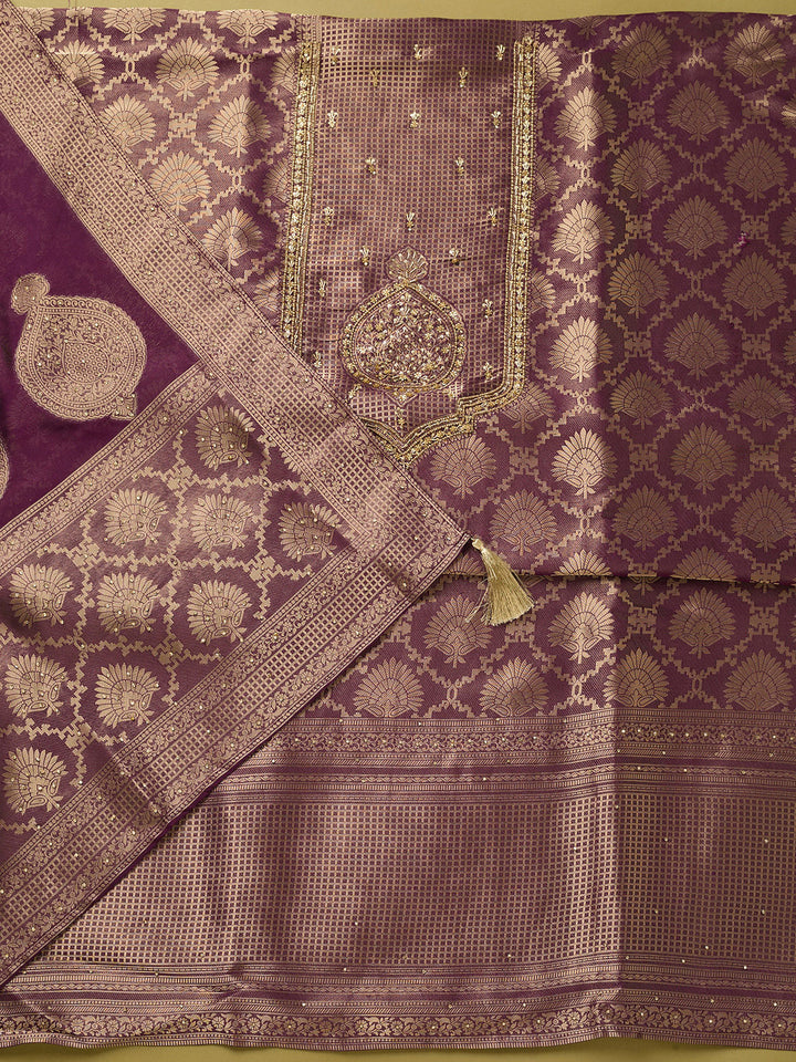Purple Dola Silk Sequins Unstitched Dress Material With Matching Bottom And Dupatta