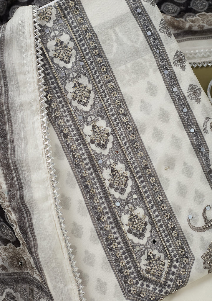 White Crepe Cutdana Unstitched Dress Material With Matching Bottom And Dupatta