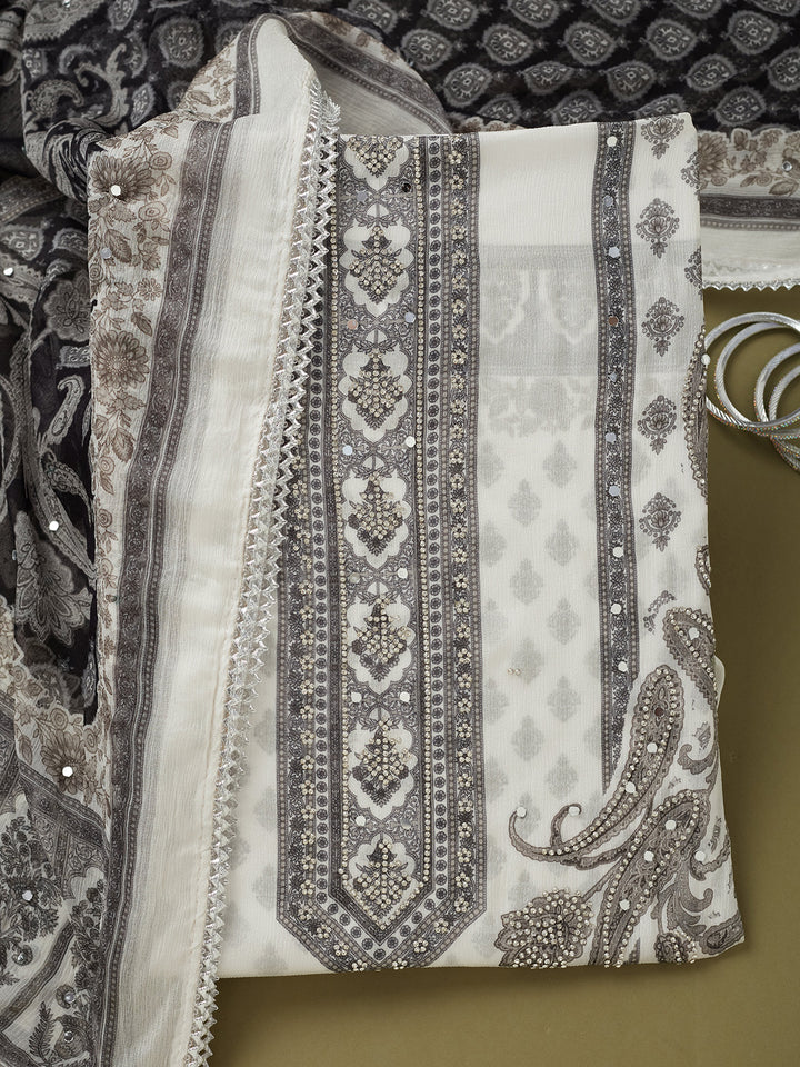 White Crepe Cutdana Unstitched Dress Material With Matching Bottom And Dupatta