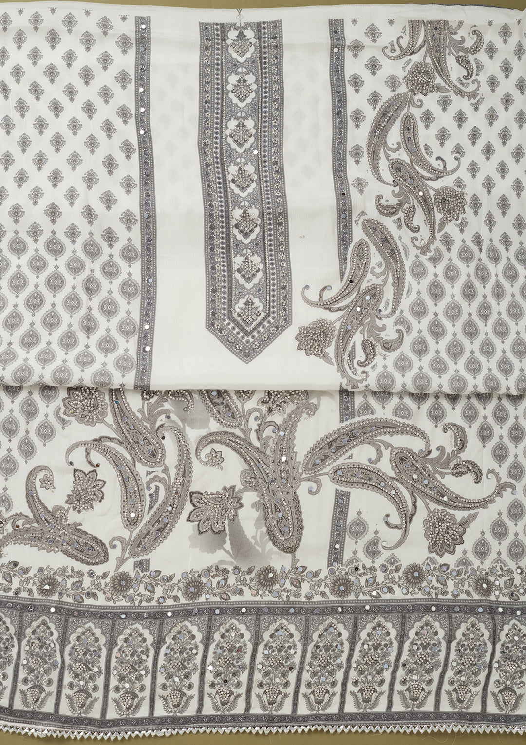 White Crepe Cutdana Unstitched Dress Material With Matching Bottom And Dupatta