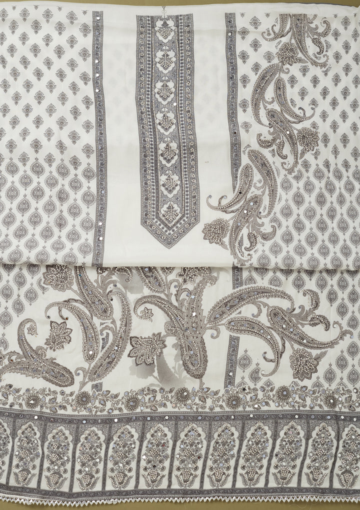 White Crepe Cutdana Unstitched Dress Material With Matching Bottom And Dupatta