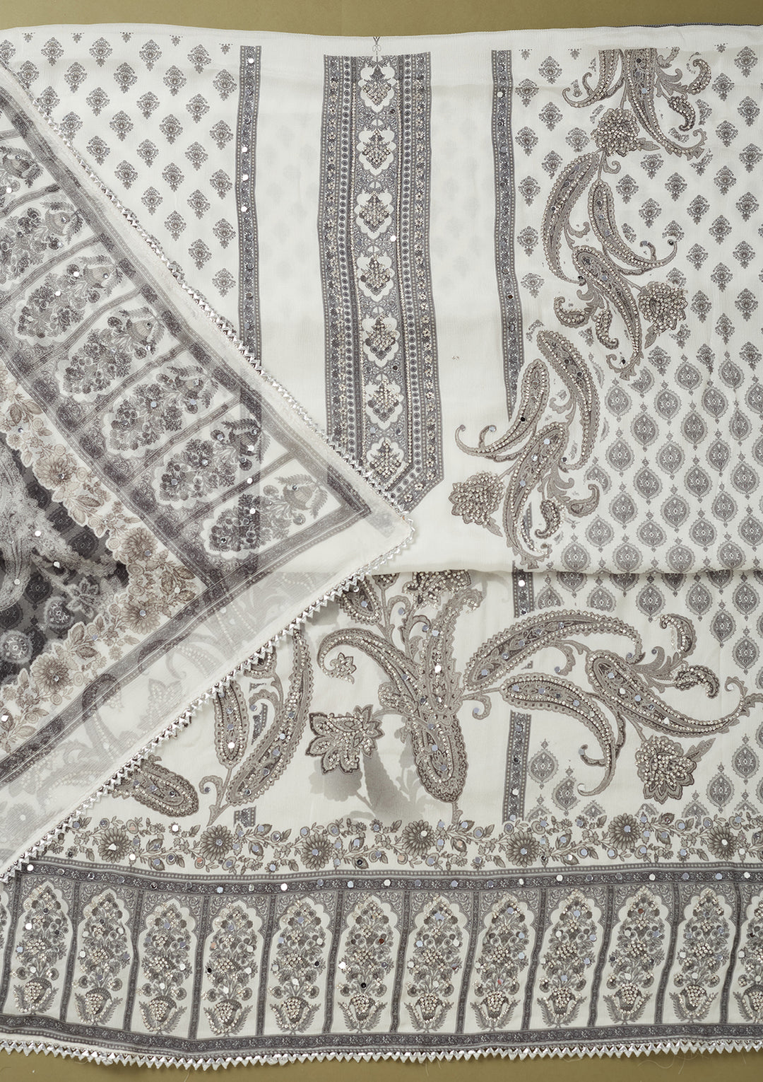 White Crepe Cutdana Unstitched Dress Material With Matching Bottom And Dupatta