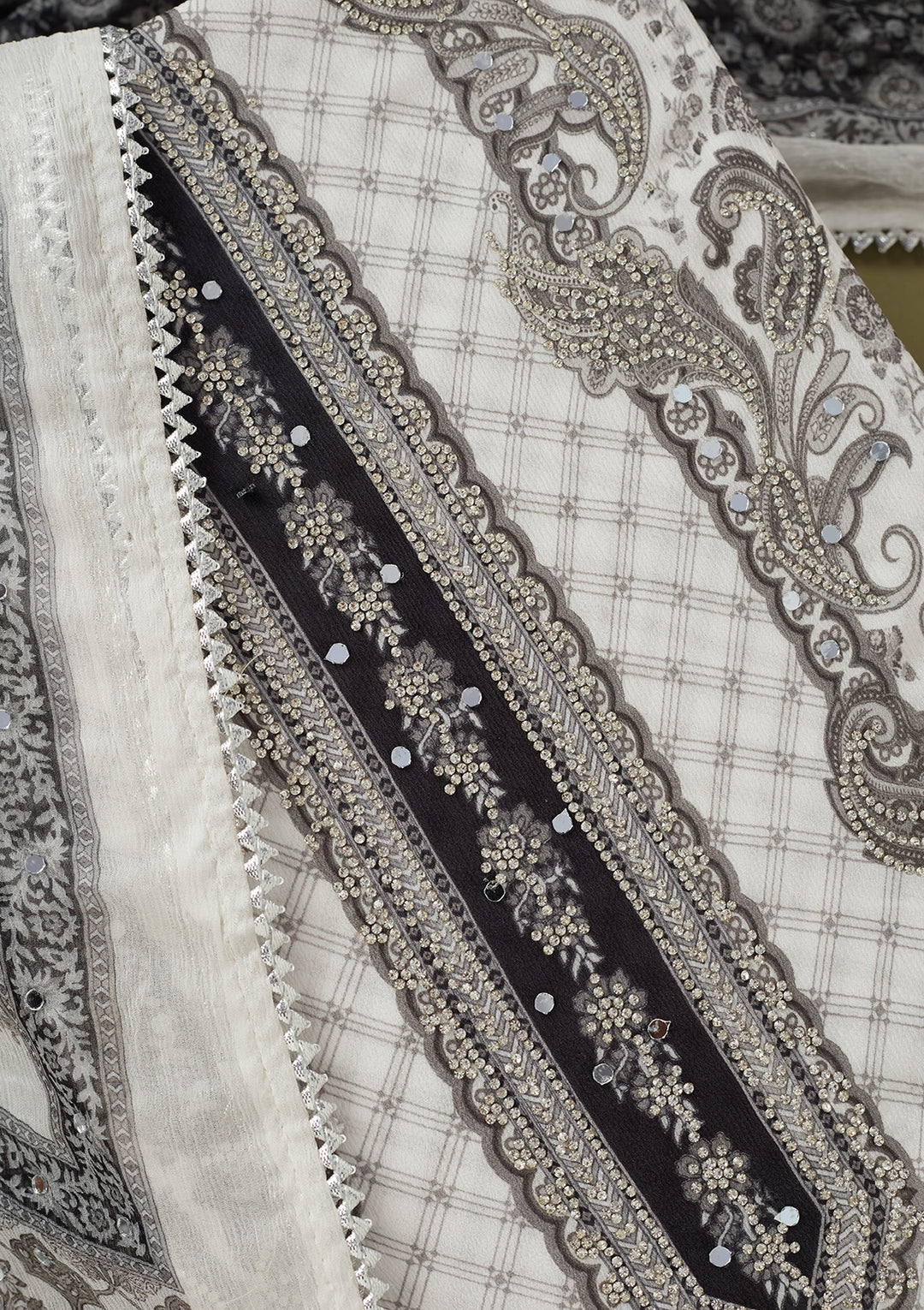 White Crepe Cutdana Unstitched Dress Material With Matching Bottom And Dupatta