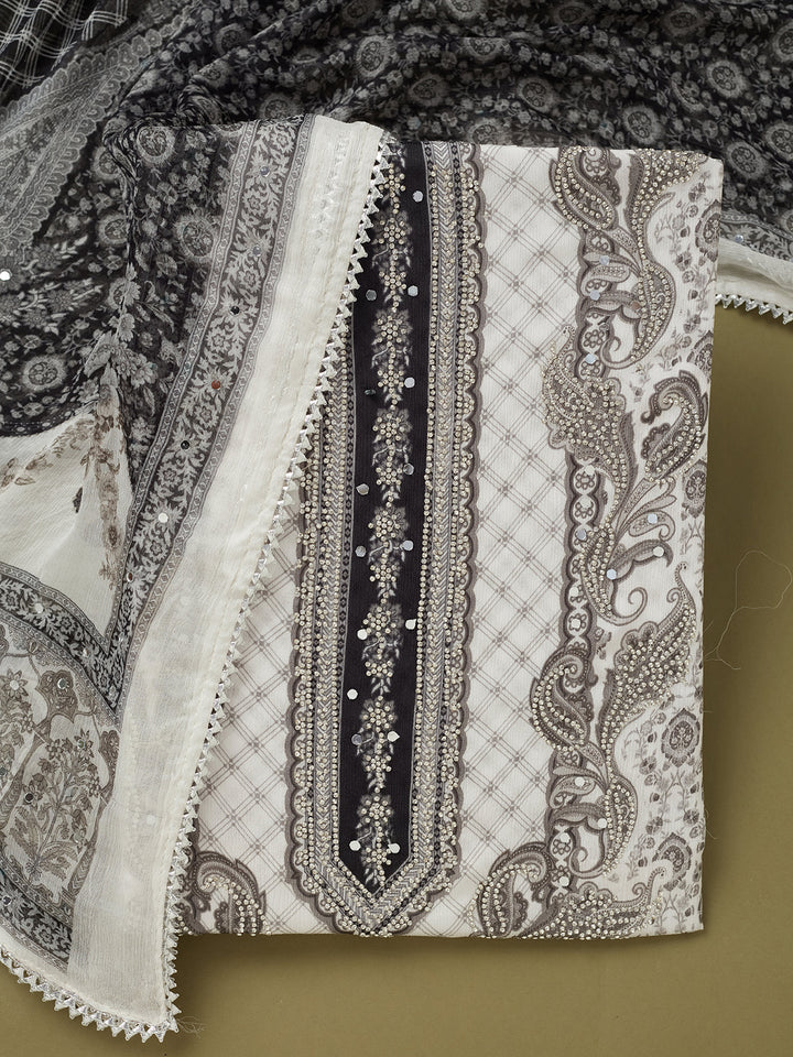 White Crepe Cutdana Unstitched Dress Material With Matching Bottom And Dupatta
