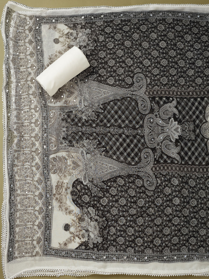 White Crepe Cutdana Unstitched Dress Material With Matching Bottom And Dupatta