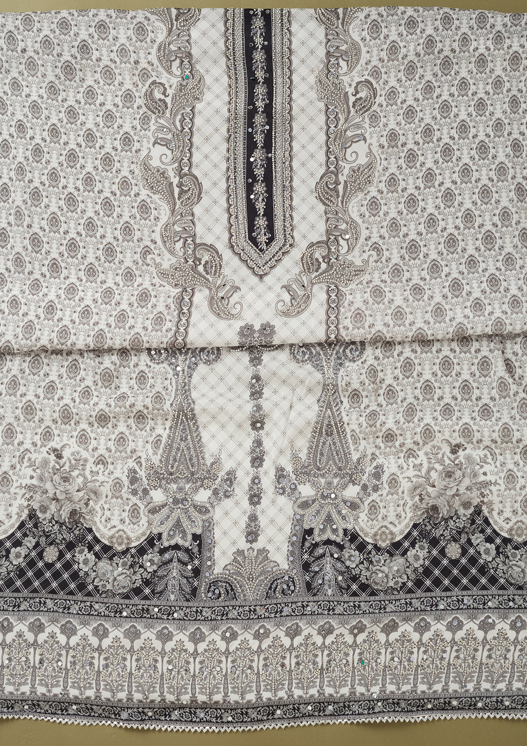 White Crepe Cutdana Unstitched Dress Material With Matching Bottom And Dupatta