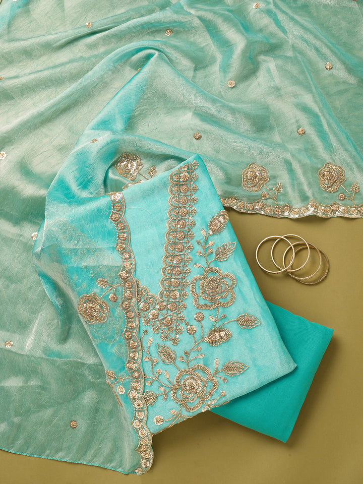 Blue Tissue Cutdana Unstitched Dress Material With Matching Bottom And Dupatta