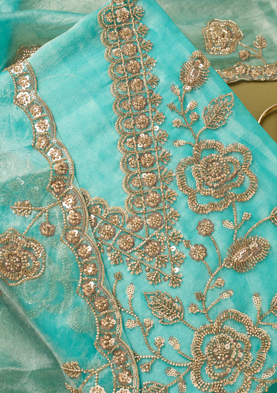 Blue Tissue Cutdana Unstitched Dress Material With Matching Bottom And Dupatta