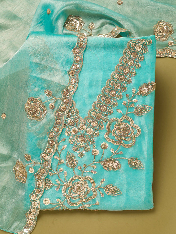 Blue Tissue Cutdana Unstitched Dress Material With Matching Bottom And Dupatta