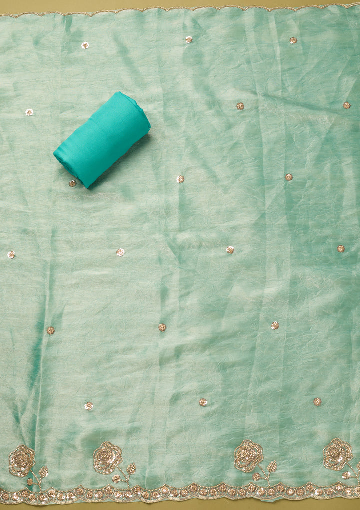 Blue Tissue Cutdana Unstitched Dress Material With Matching Bottom And Dupatta