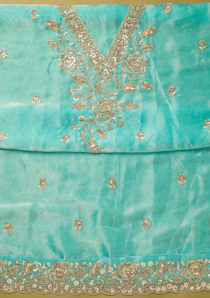Blue Tissue Cutdana Unstitched Dress Material With Matching Bottom And Dupatta