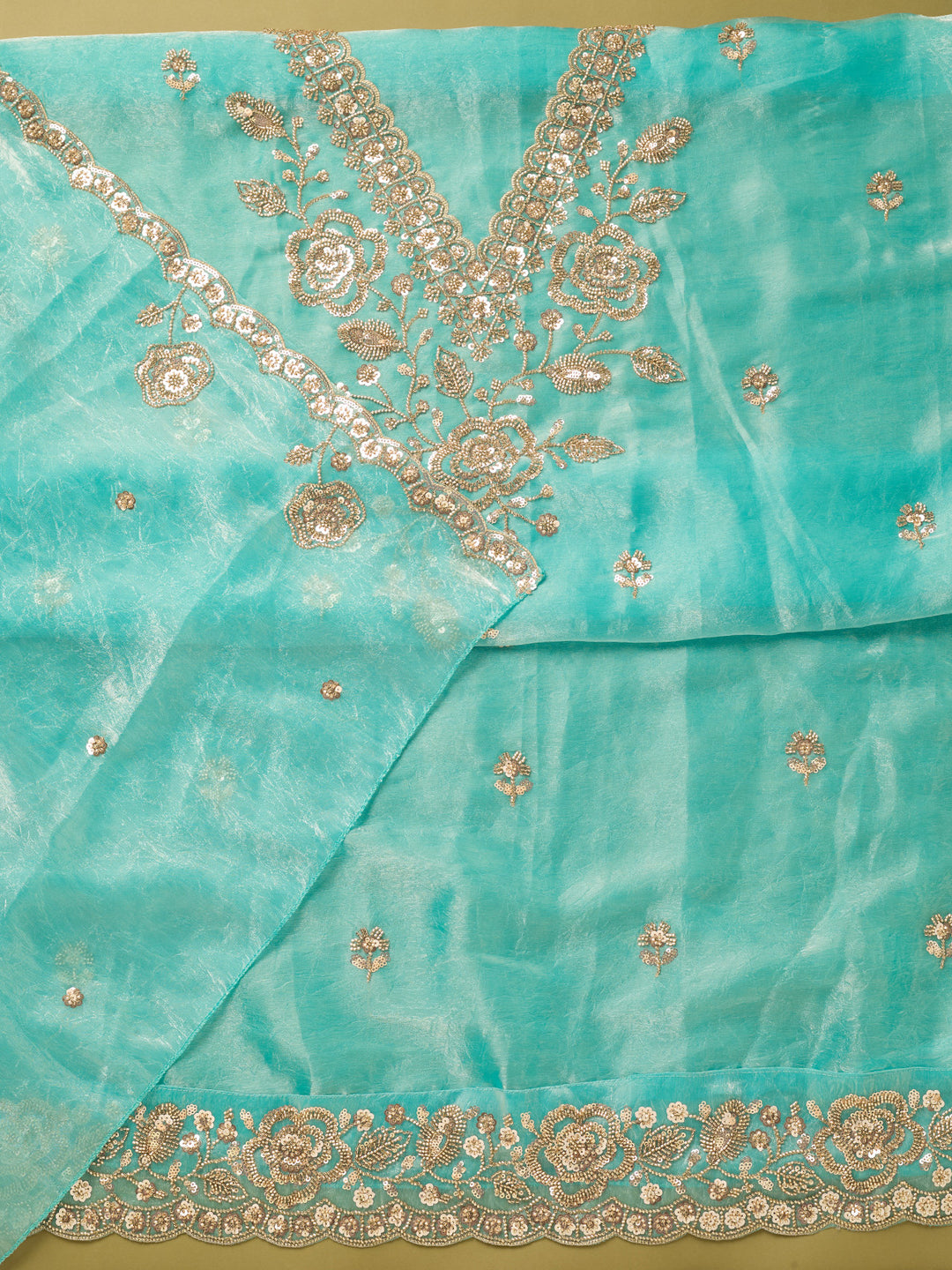 Blue Tissue Cutdana Unstitched Dress Material With Matching Bottom And Dupatta
