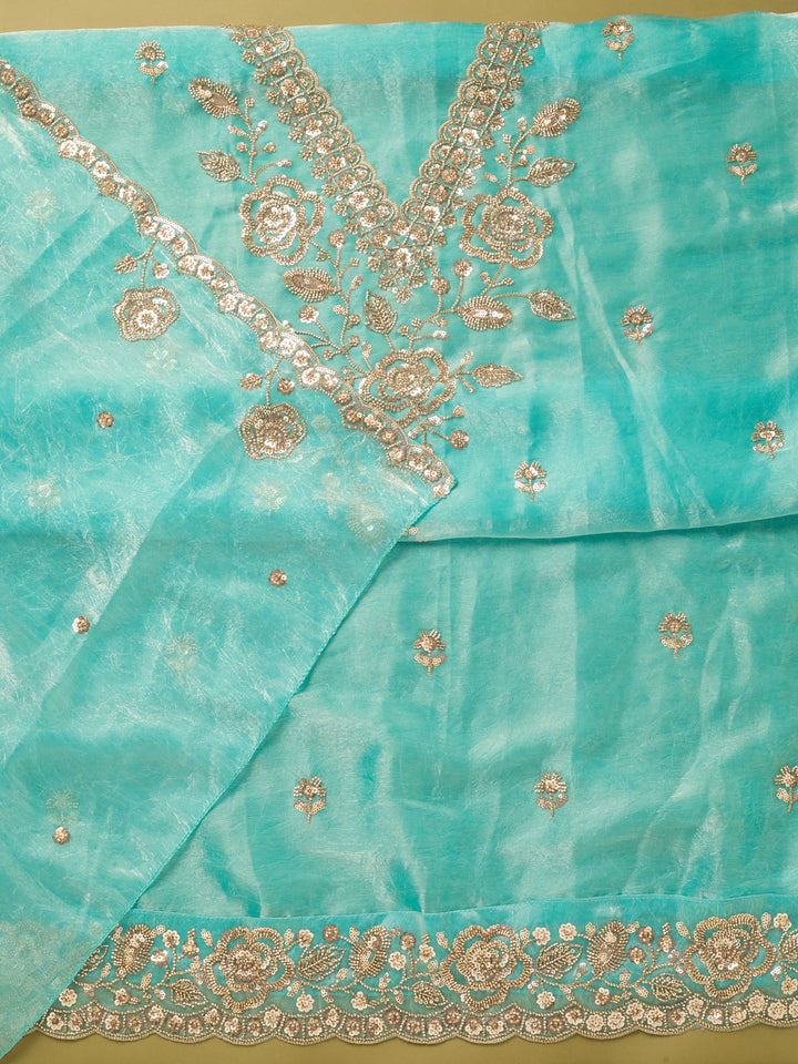Blue Tissue Cutdana Unstitched Dress Material With Matching Bottom And Dupatta