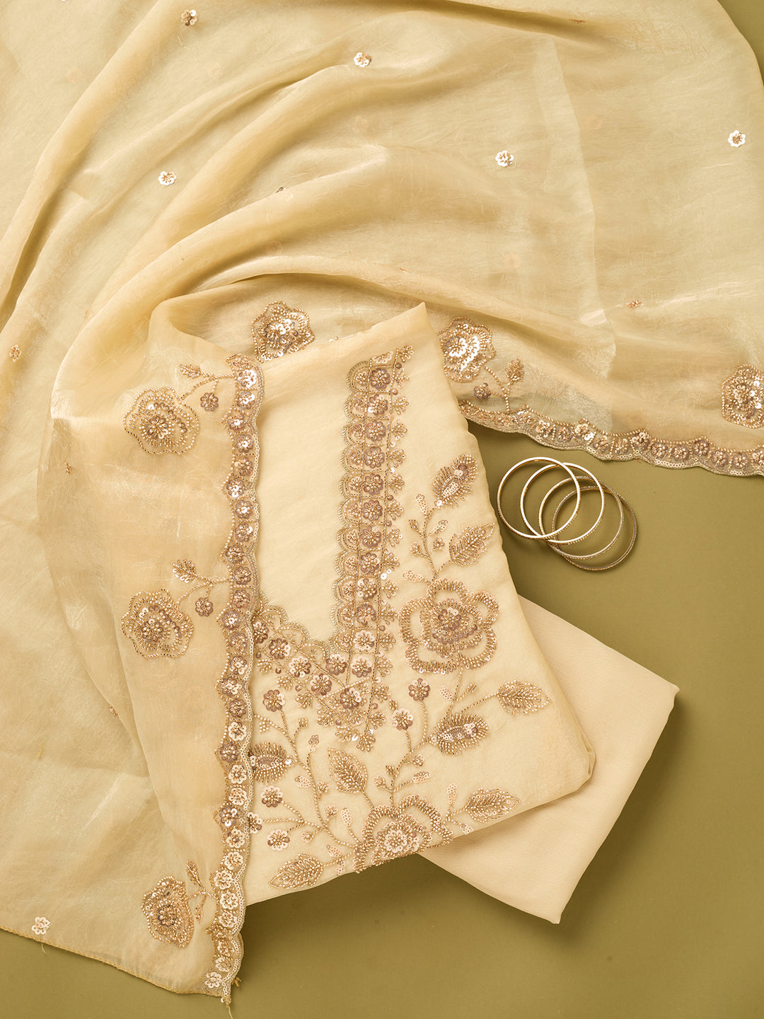 Off White Tissue Cutdana Unstitched Dress Material With Matching Bottom And Dupatta