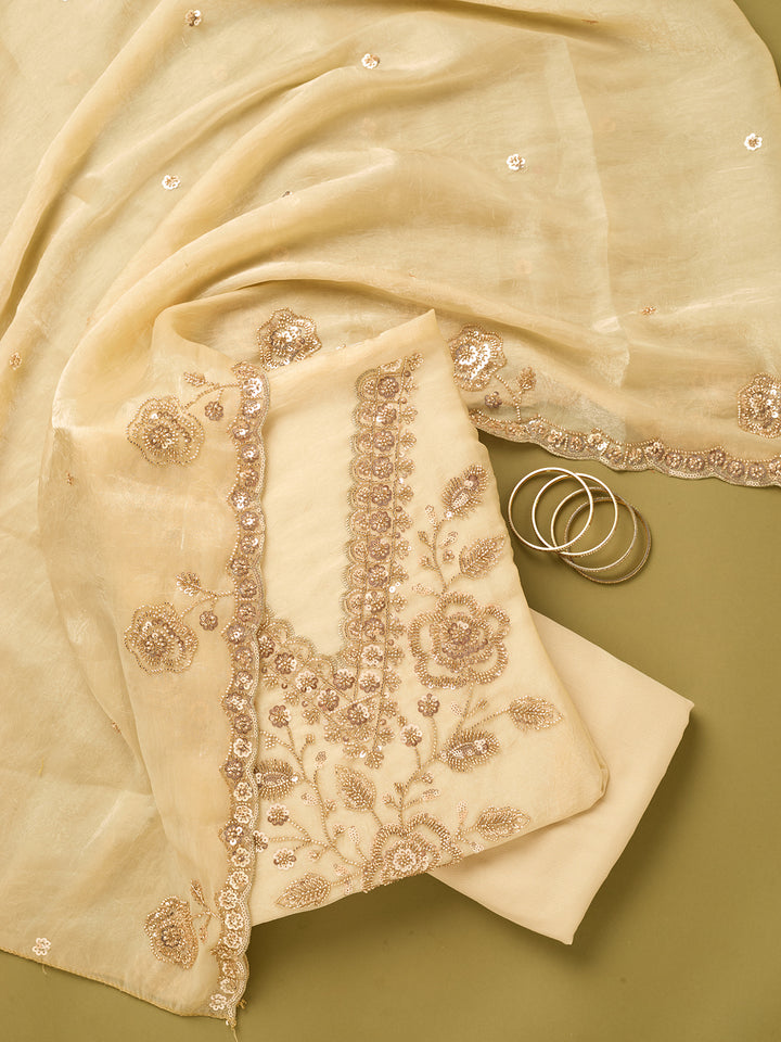 Off White Tissue Cutdana Unstitched Dress Material With Matching Bottom And Dupatta