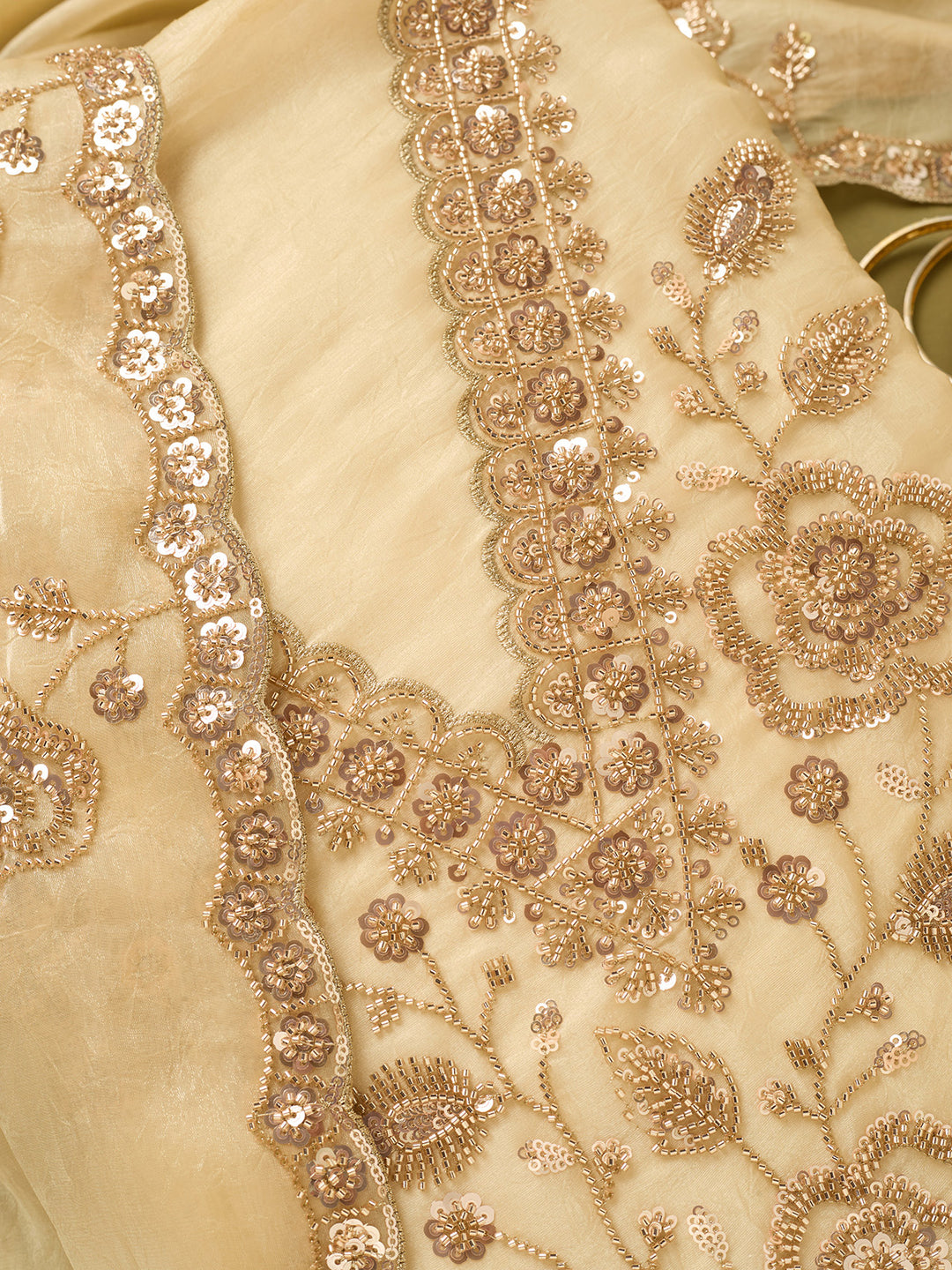 Off White Tissue Cutdana Unstitched Dress Material With Matching Bottom And Dupatta
