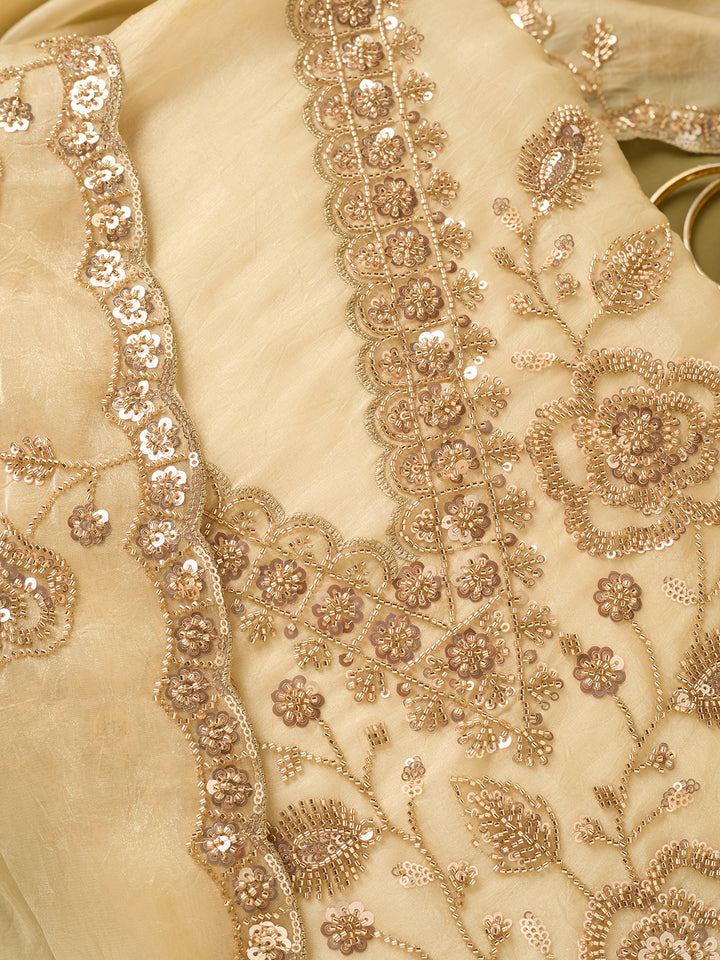 Off White Tissue Cutdana Unstitched Dress Material With Matching Bottom And Dupatta