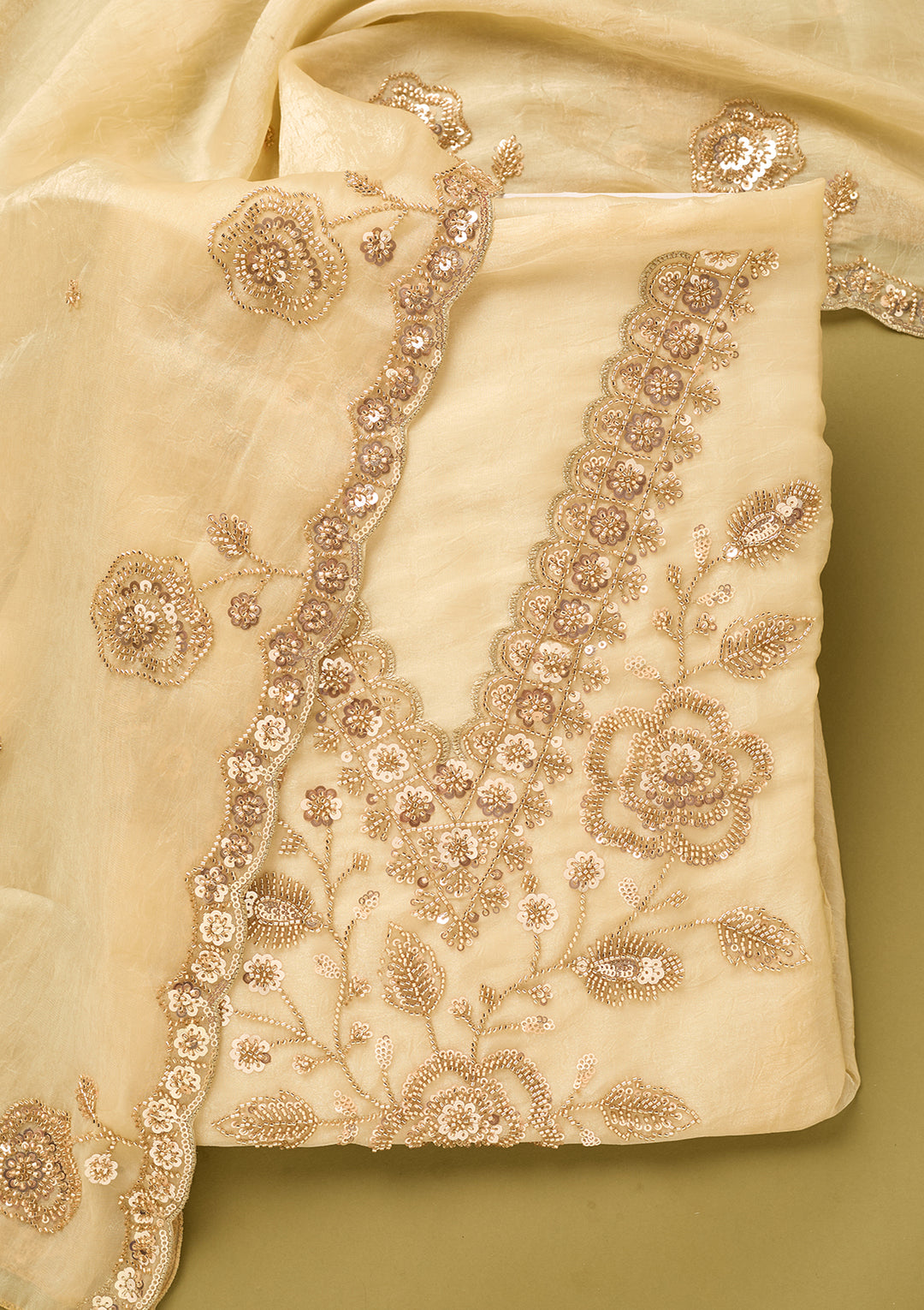 Off White Tissue Cutdana Unstitched Dress Material With Matching Bottom And Dupatta