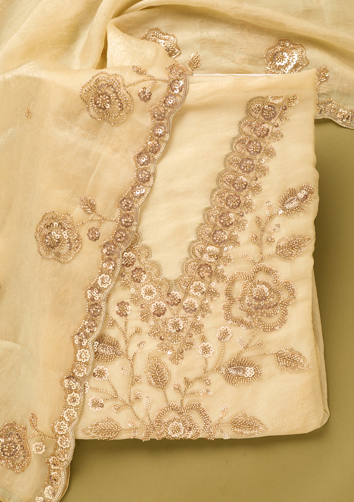 Off White Tissue Cutdana Unstitched Dress Material With Matching Bottom And Dupatta