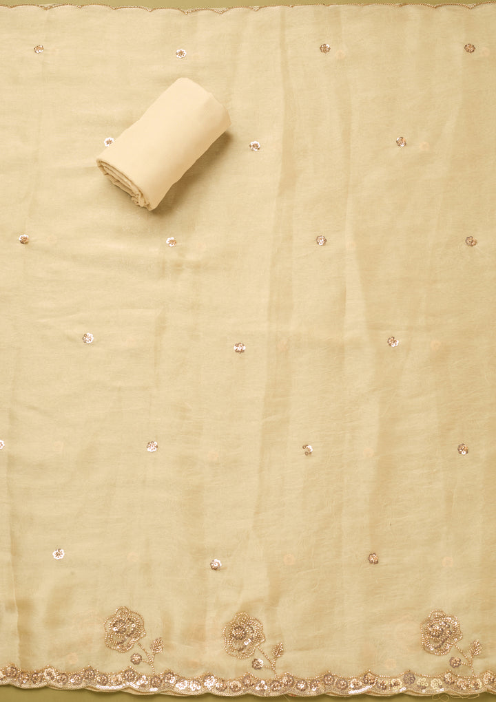 Off White Tissue Cutdana Unstitched Dress Material With Matching Bottom And Dupatta