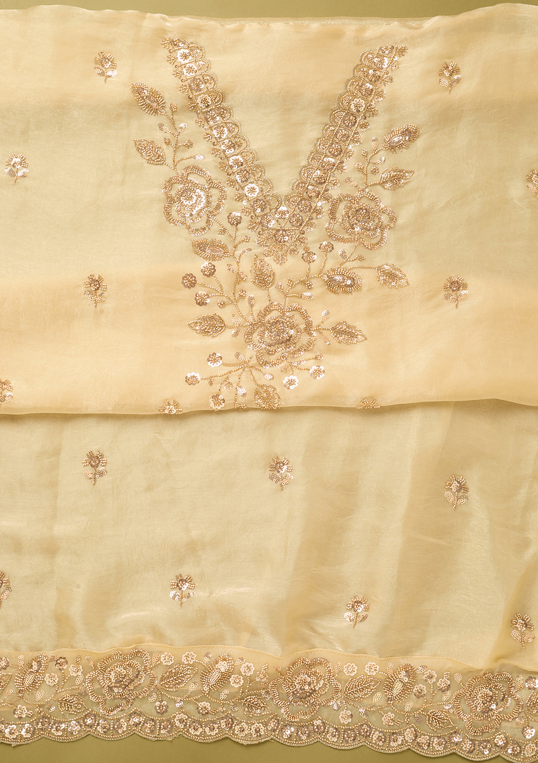 Off White Tissue Cutdana Unstitched Dress Material With Matching Bottom And Dupatta