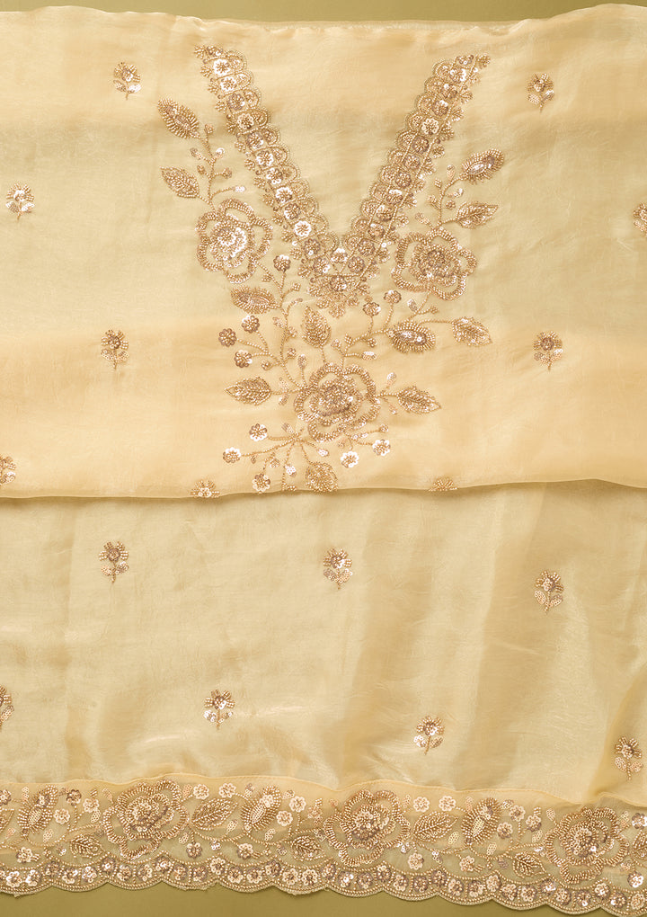 Off White Tissue Cutdana Unstitched Dress Material With Matching Bottom And Dupatta