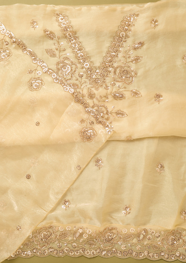 Off White Tissue Cutdana Unstitched Dress Material With Matching Bottom And Dupatta