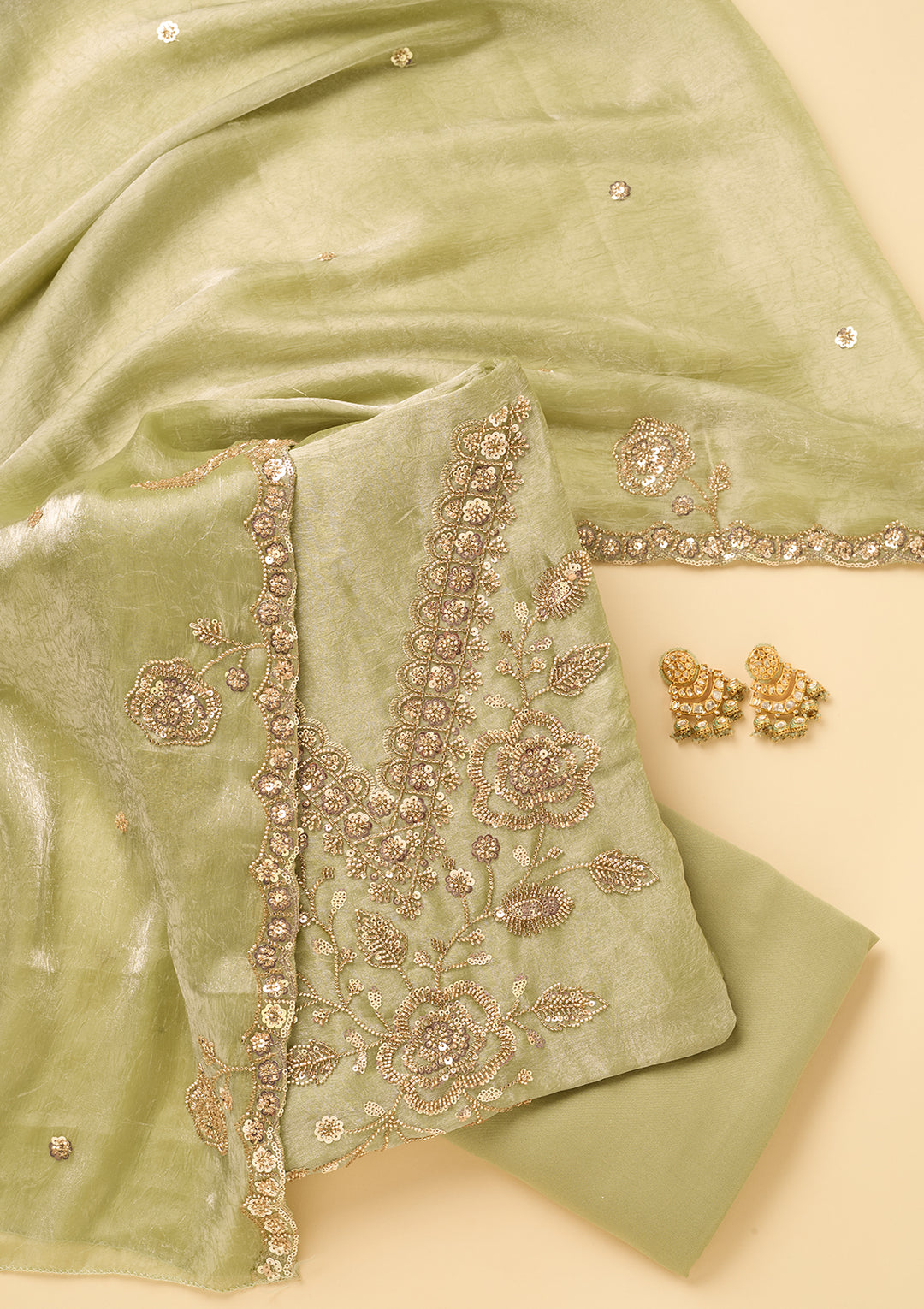 Pista Green Tissue Cutdana Unstitched Dress Material With Matching Bottom And Dupatta