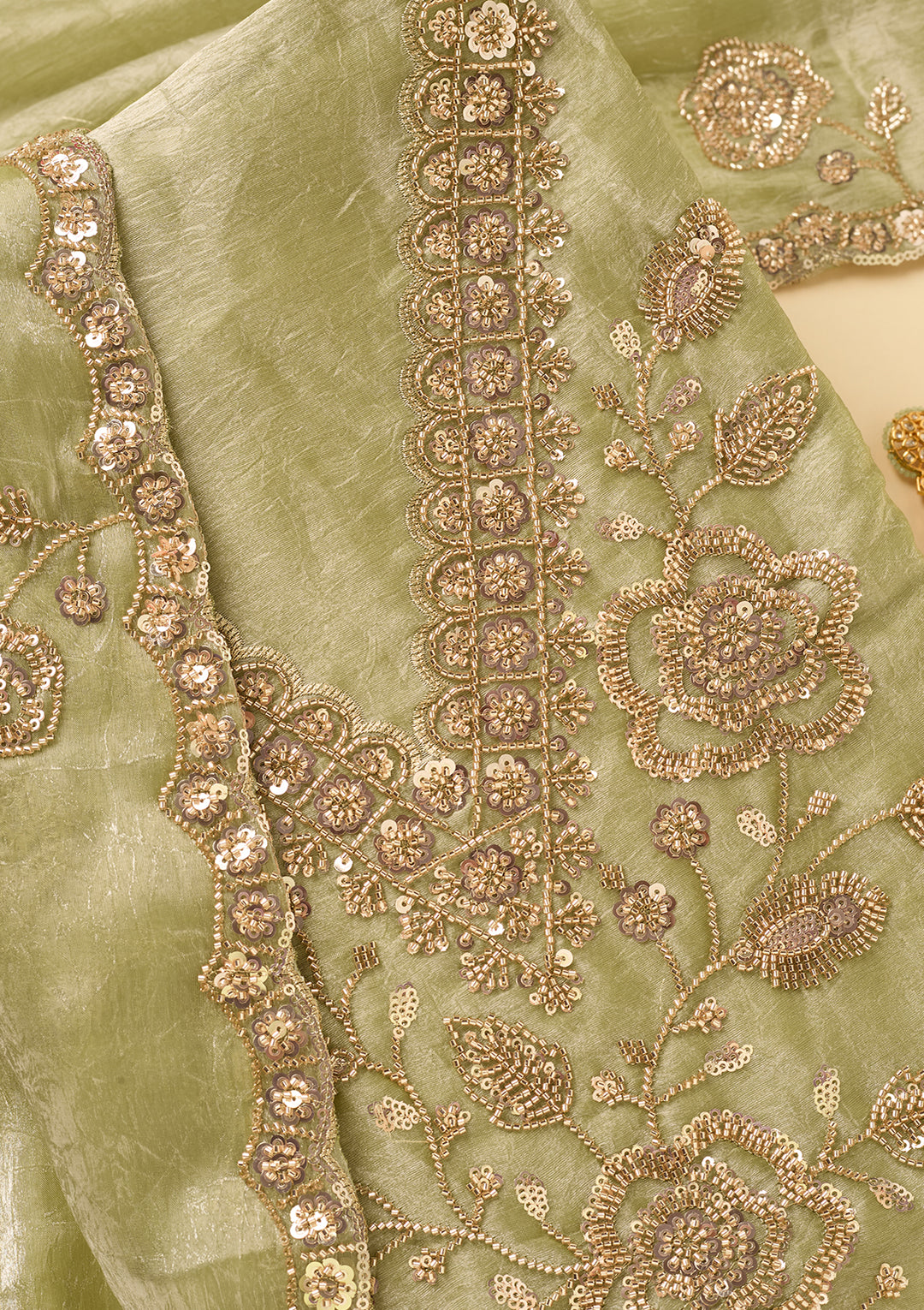 Pista Green Tissue Cutdana Unstitched Dress Material With Matching Bottom And Dupatta