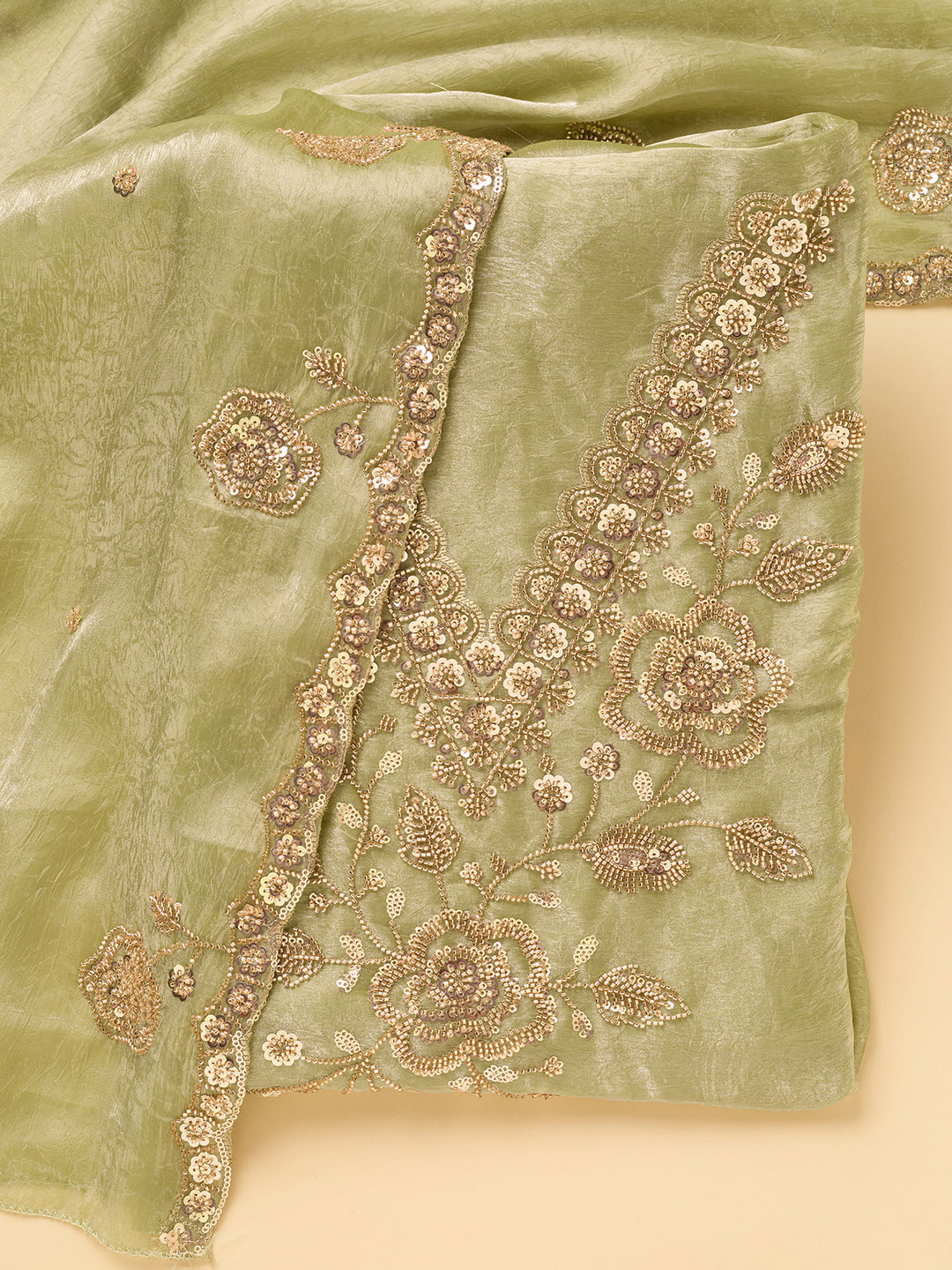 Pista Green Tissue Cutdana Unstitched Dress Material With Matching Bottom And Dupatta