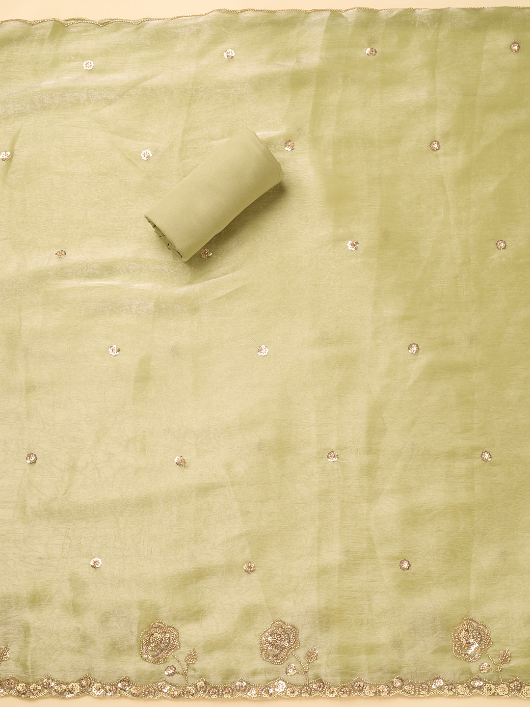 Pista Green Tissue Cutdana Unstitched Dress Material With Matching Bottom And Dupatta