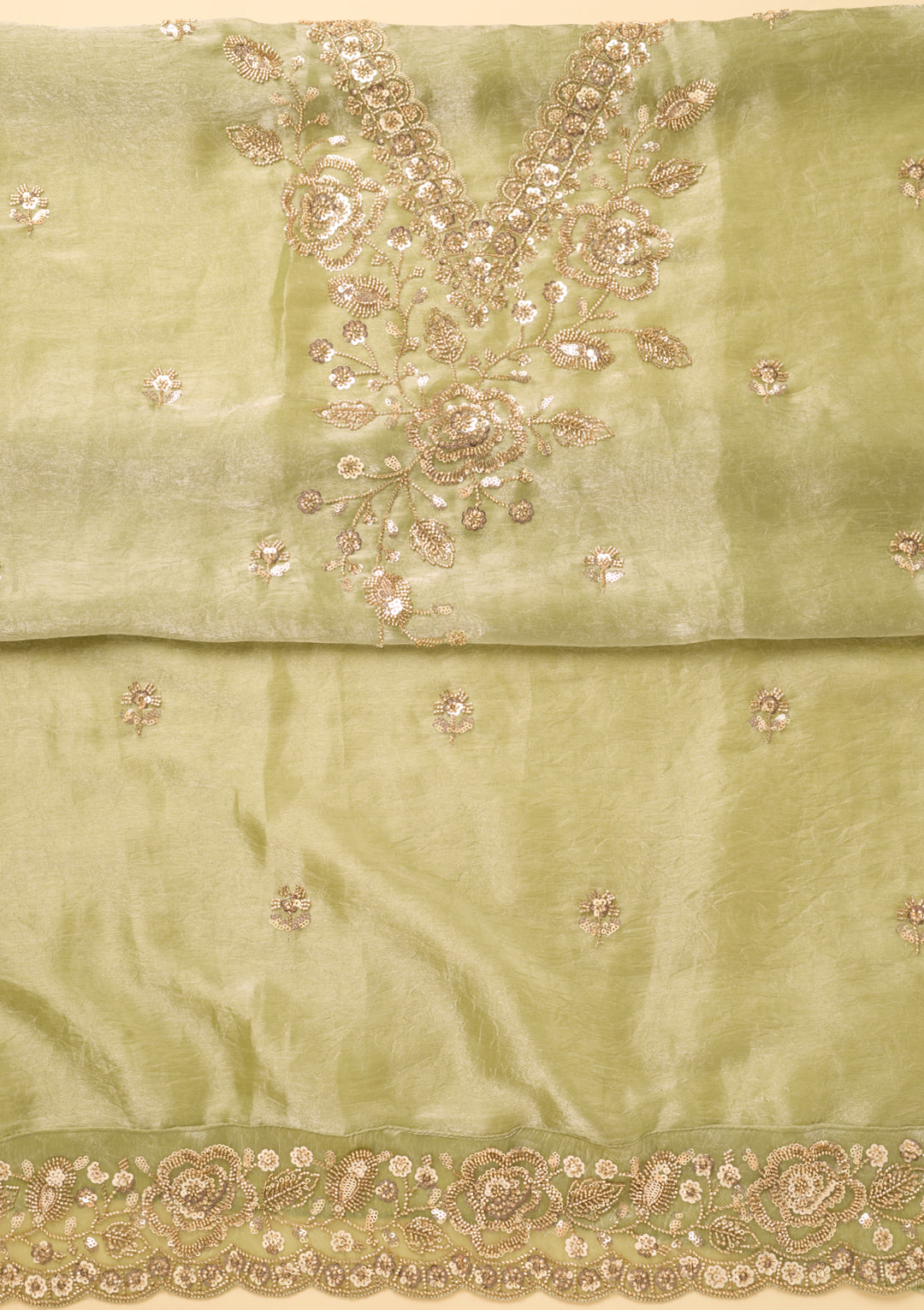 Pista Green Tissue Cutdana Unstitched Dress Material With Matching Bottom And Dupatta