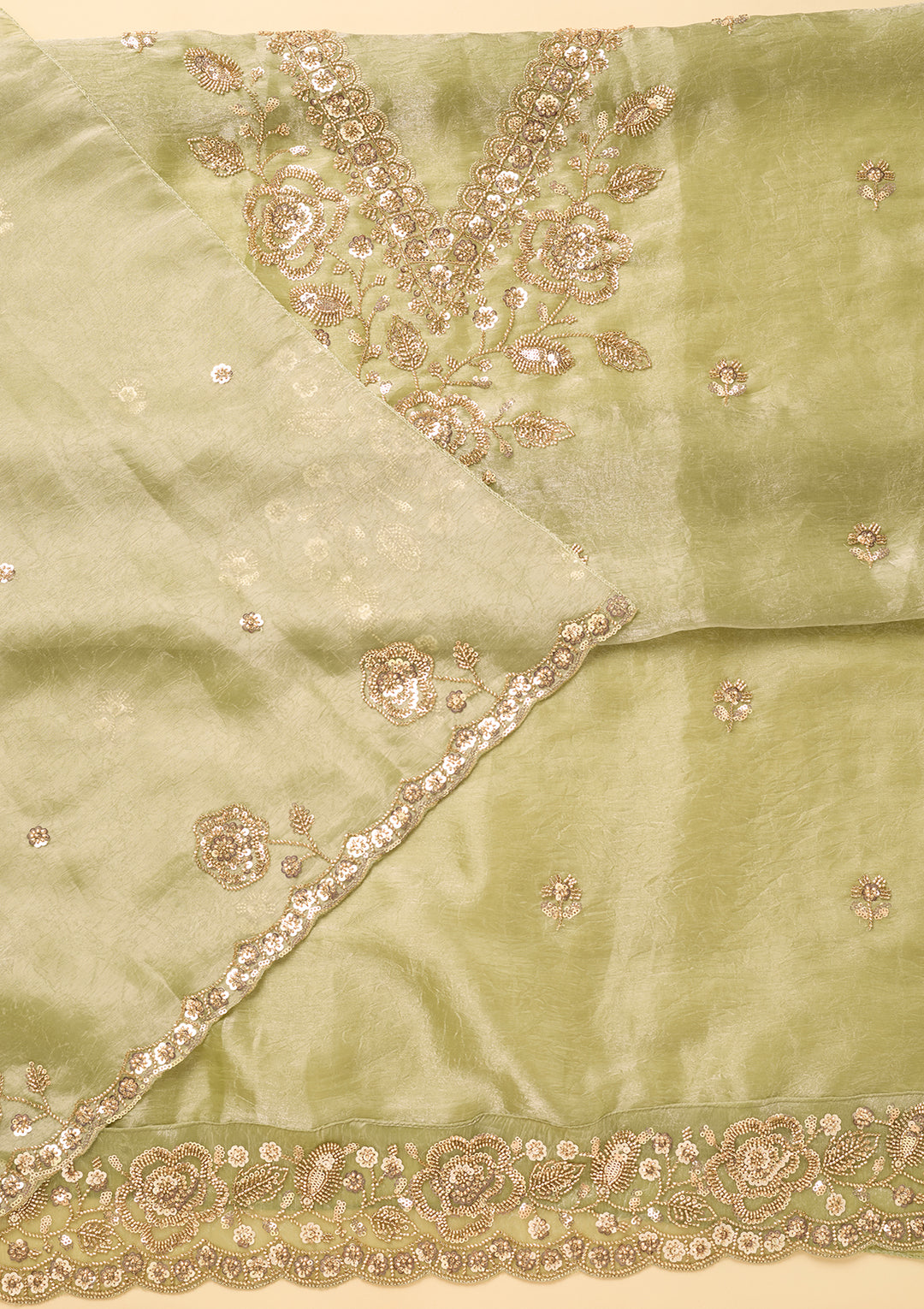 Pista Green Tissue Cutdana Unstitched Dress Material With Matching Bottom And Dupatta