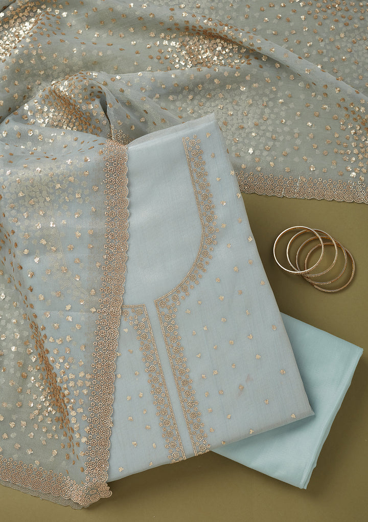Sky Blue Tissue Sequins Unstitched Dress Material With Matching Bottom And Dupatta