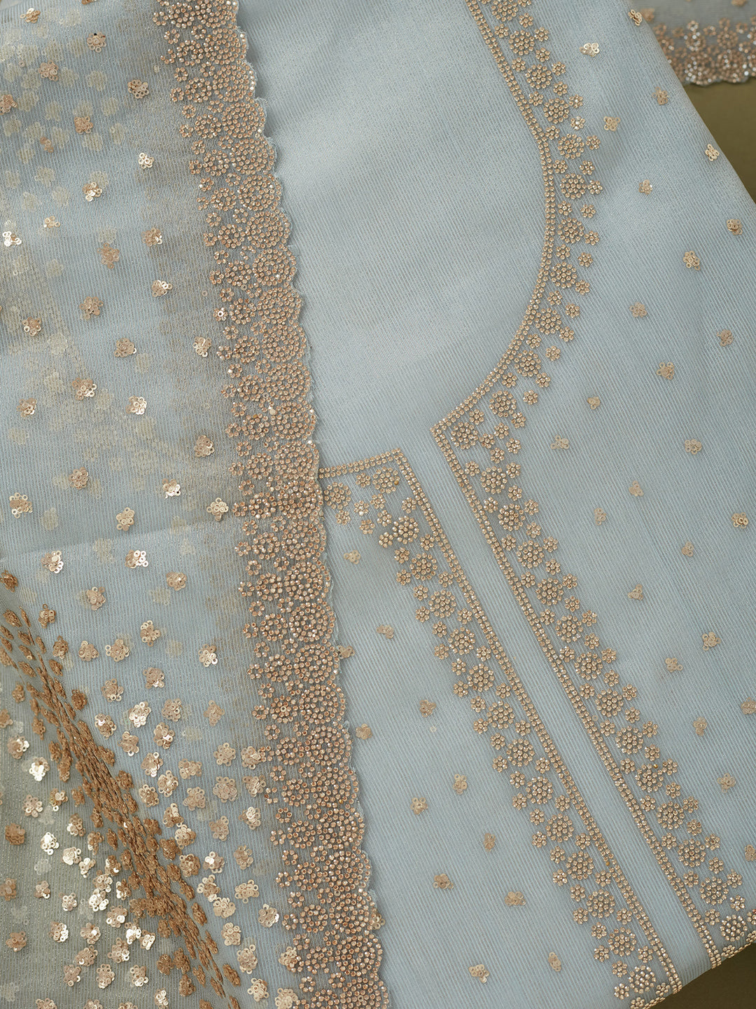 Sky Blue Tissue Sequins Unstitched Dress Material With Matching Bottom And Dupatta