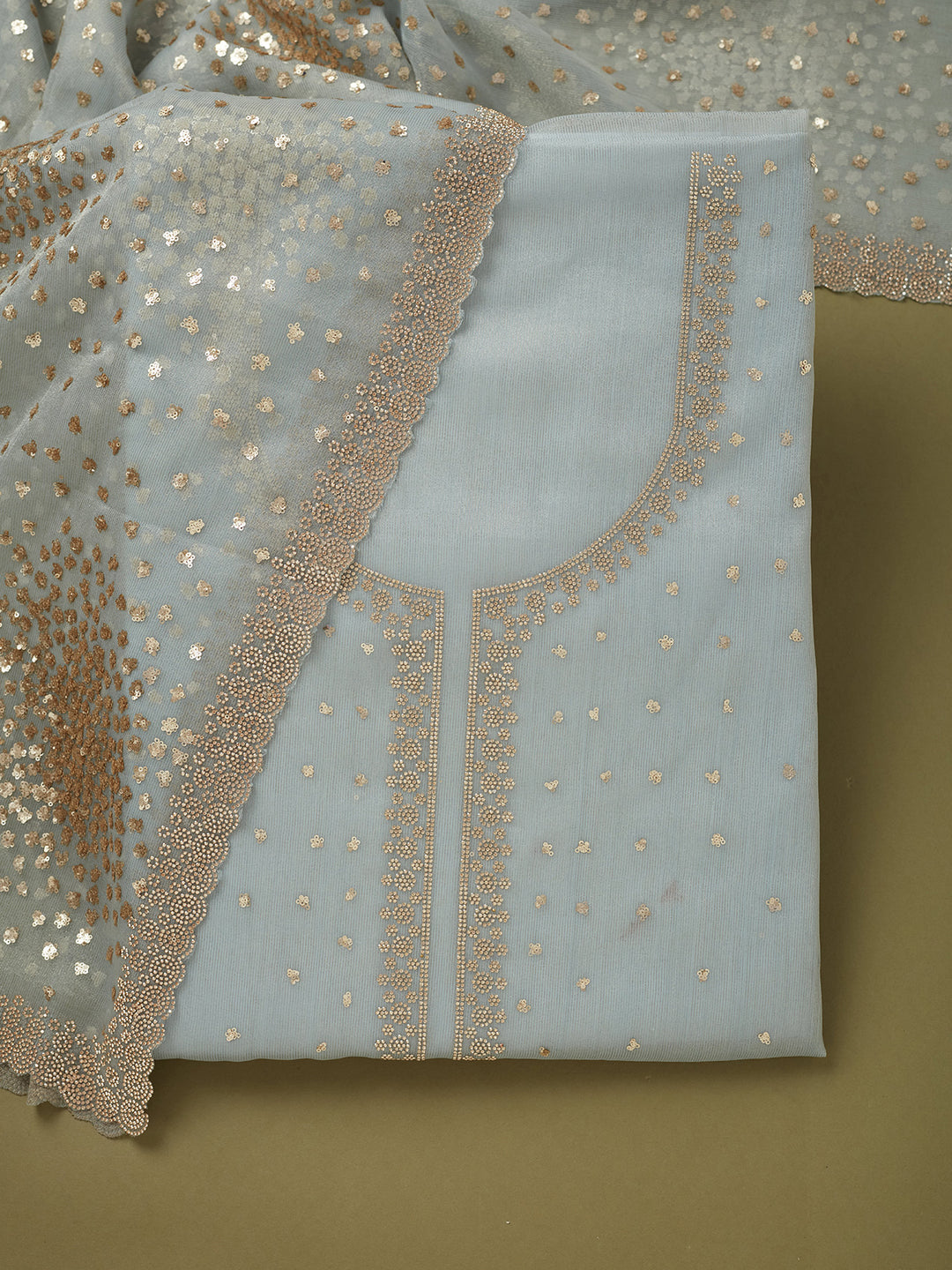 Sky Blue Tissue Sequins Unstitched Dress Material With Matching Bottom And Dupatta