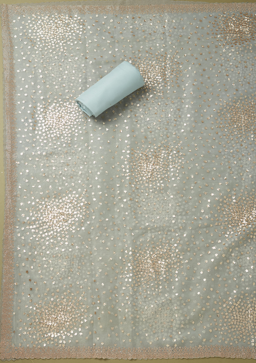 Sky Blue Tissue Sequins Unstitched Dress Material With Matching Bottom And Dupatta