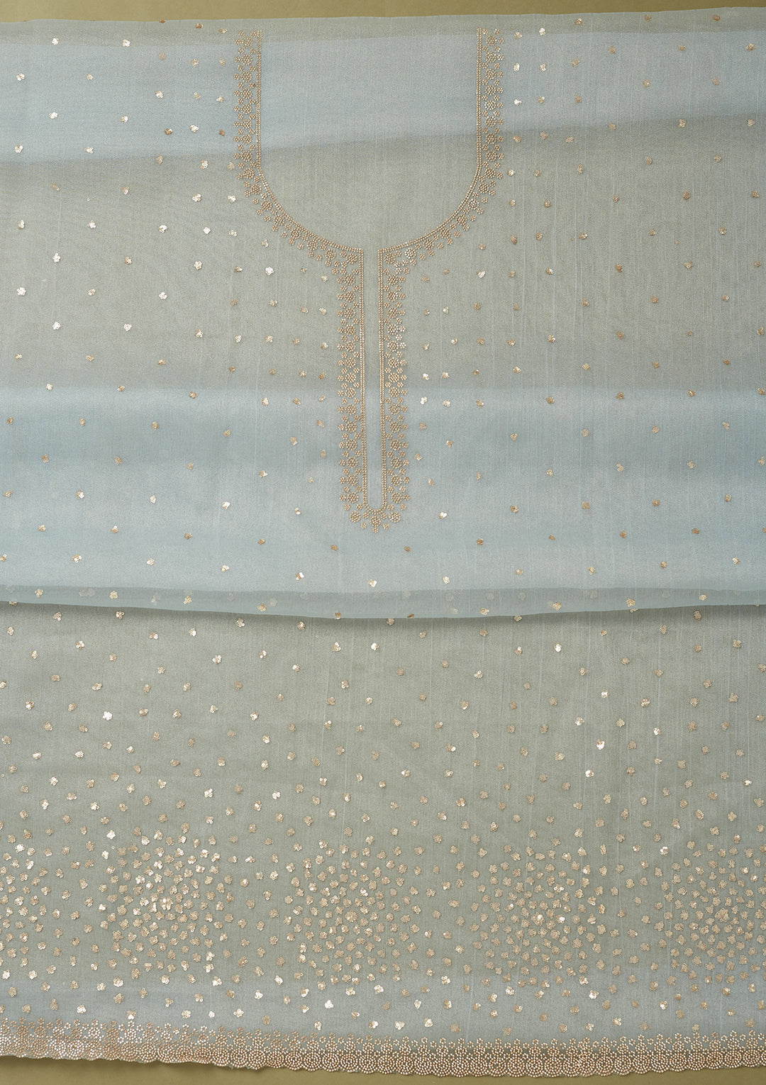Sky Blue Tissue Sequins Unstitched Dress Material With Matching Bottom And Dupatta