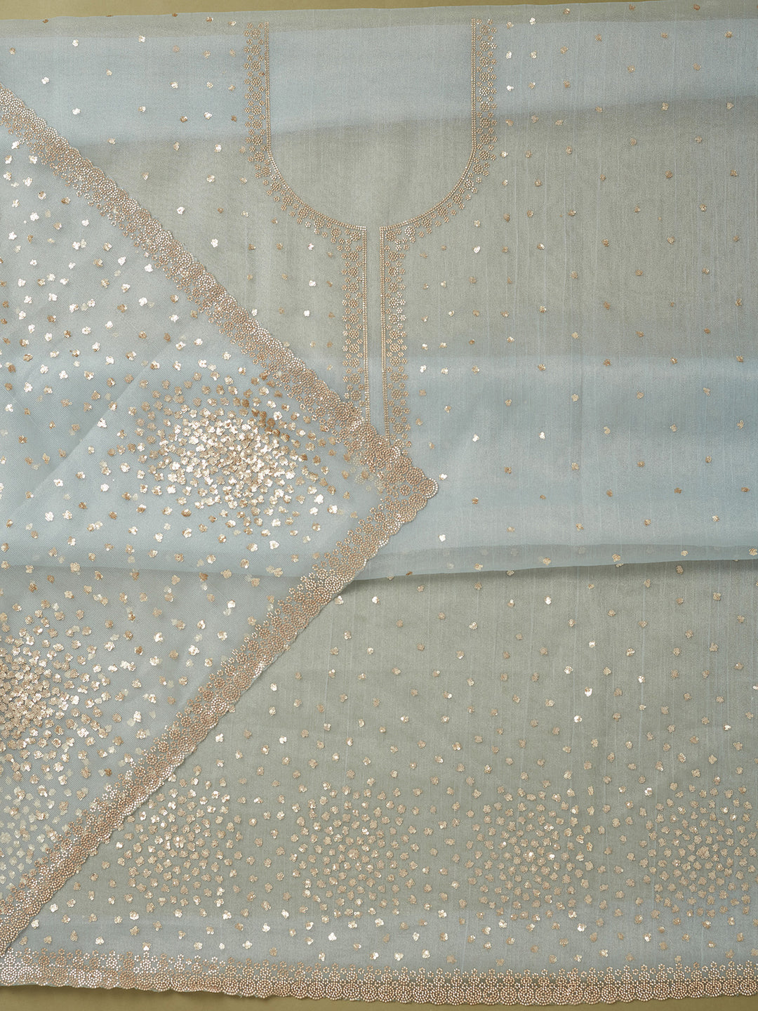 Sky Blue Tissue Sequins Unstitched Dress Material With Matching Bottom And Dupatta