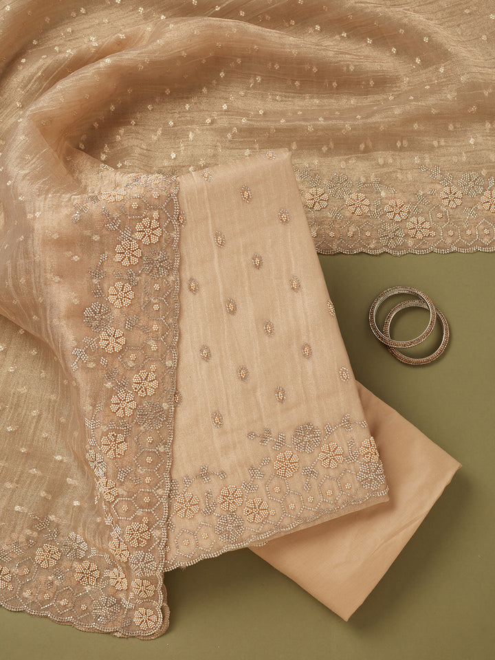 Beige Tissue Gold Stonework Unstitched Dress Material With Matching Bottom And Dupatta