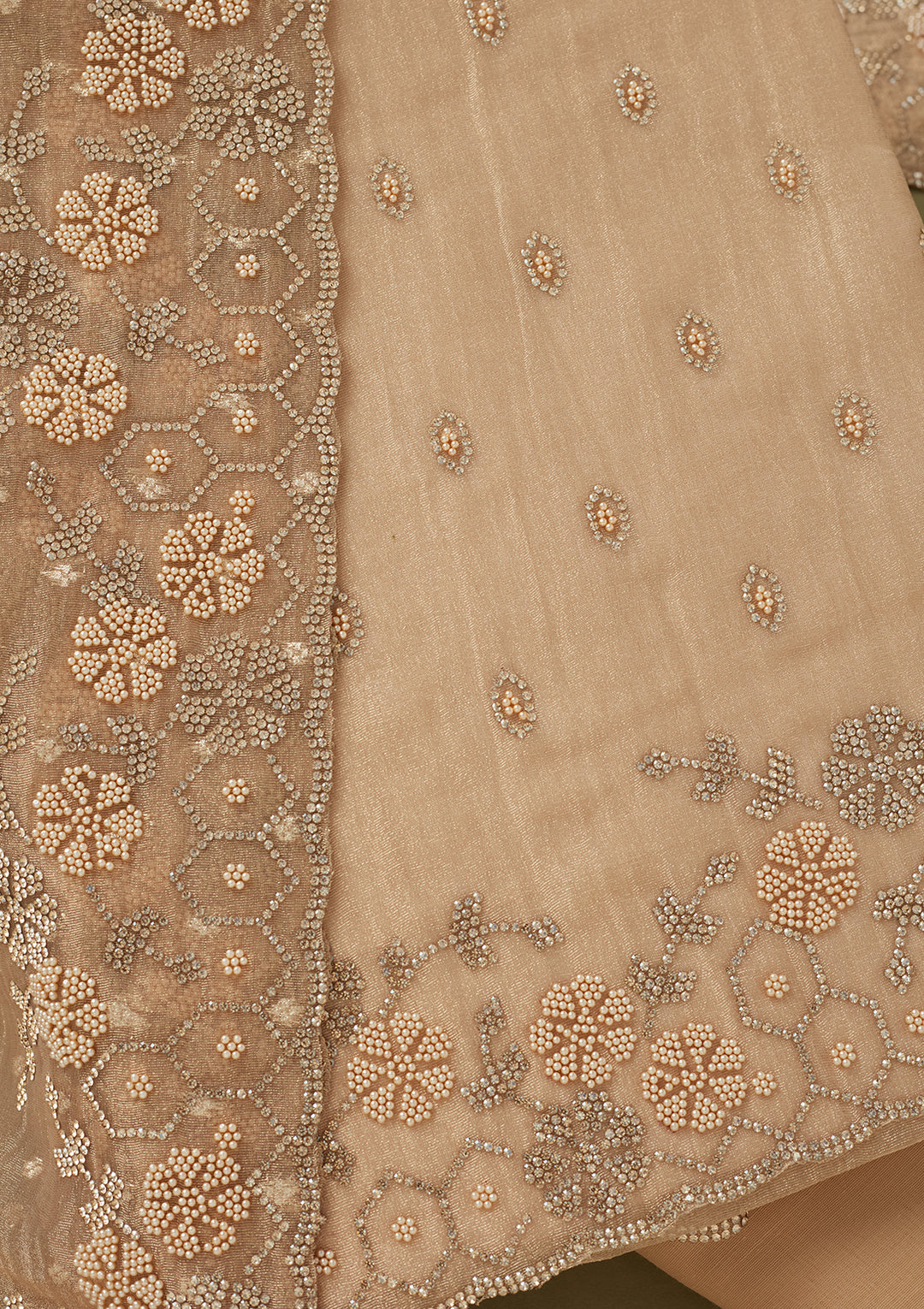 Beige Tissue Gold Stonework Unstitched Dress Material With Matching Bottom And Dupatta