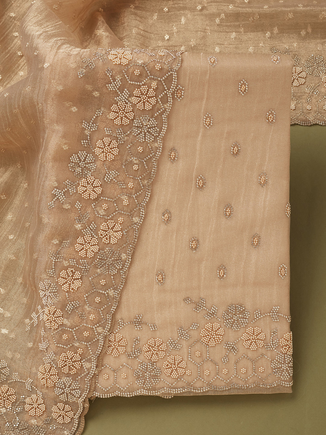 Beige Tissue Gold Stonework Unstitched Dress Material With Matching Bottom And Dupatta
