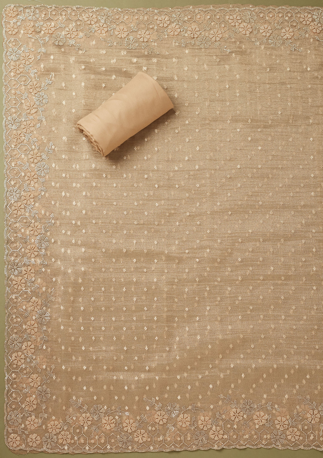Beige Tissue Gold Stonework Unstitched Dress Material With Matching Bottom And Dupatta